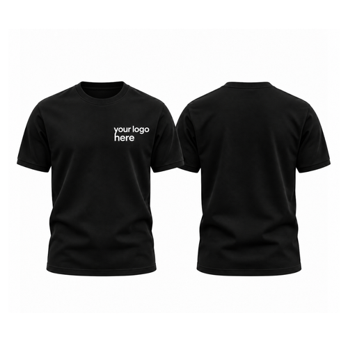 Black round-neck t-shirt, front and back, your logo here