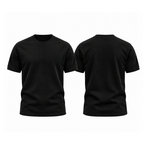 Black round-neck t-shirt, front and back, plain