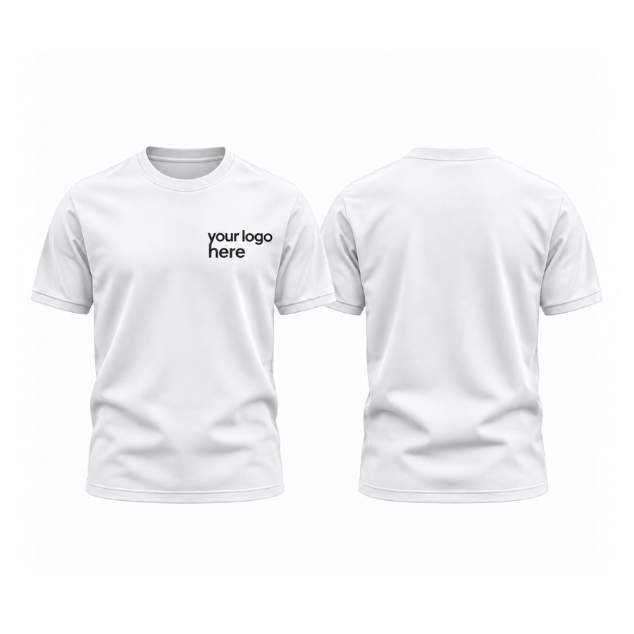 White round-neck t-shirt, front and back, your logo here