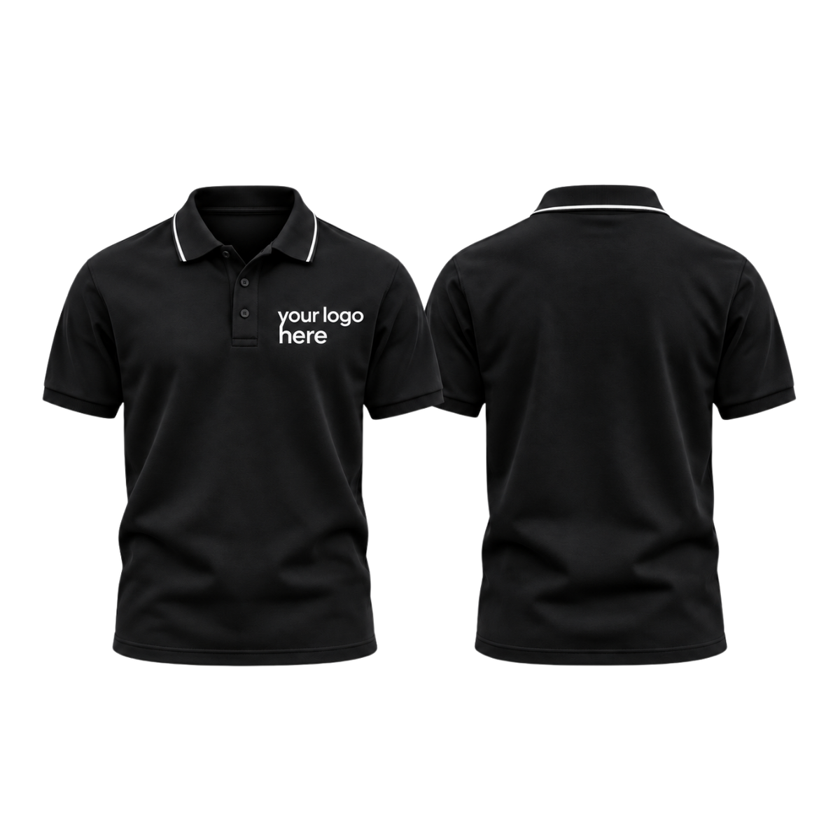 Black round-neck t-shirt, front and back, your logo here