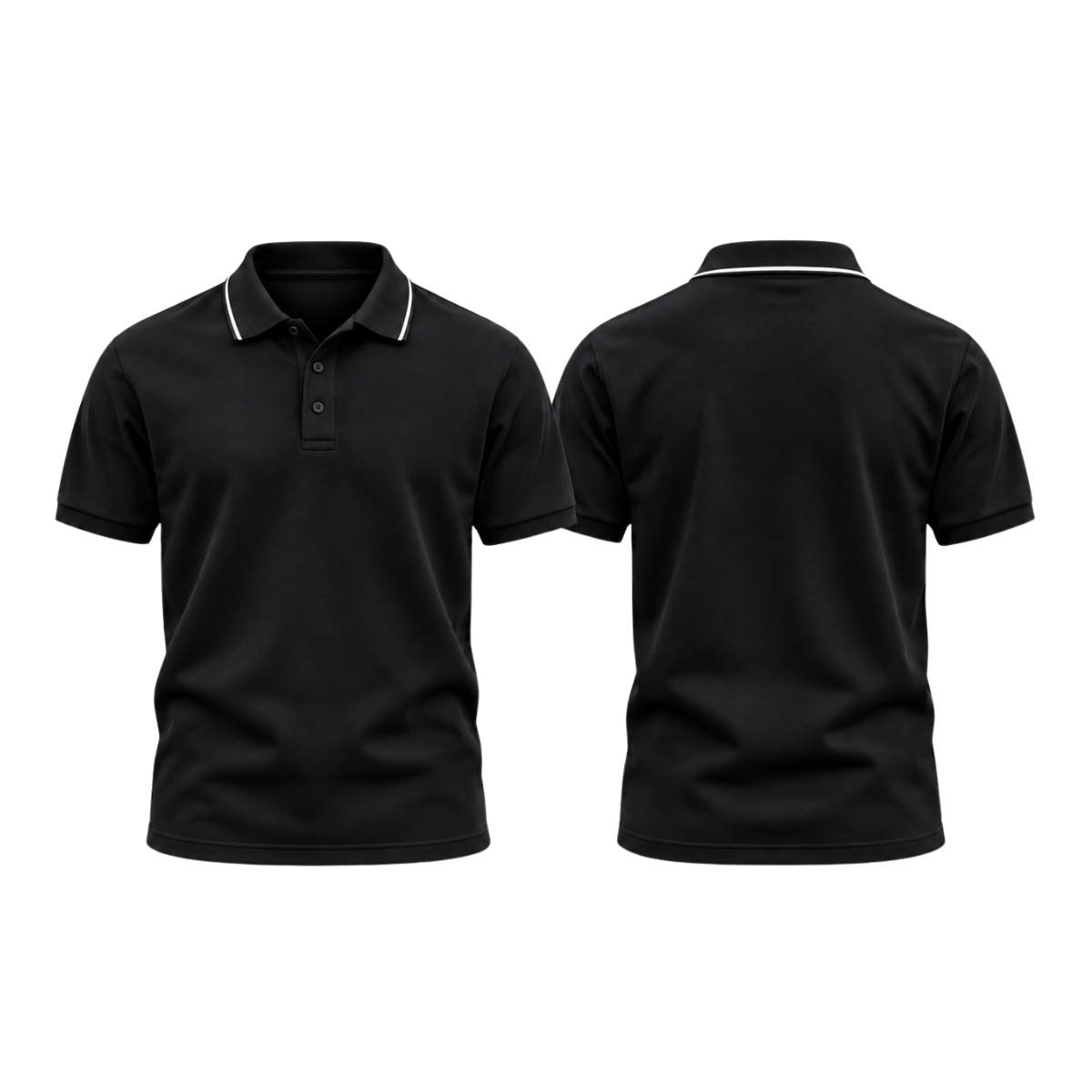 Black round-neck t-shirt, front and back, plain