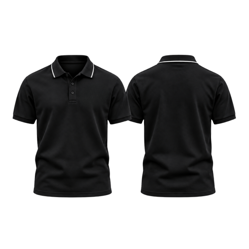 Black round-neck t-shirt, front and back, plain