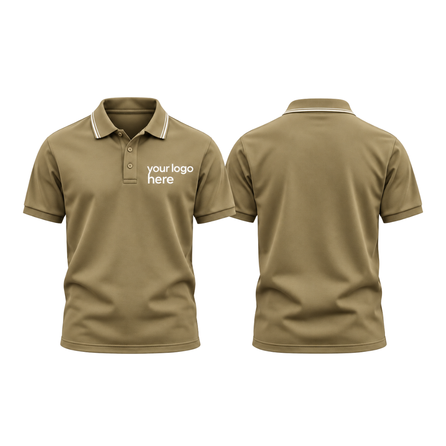 Beige round-neck t-shirt, front and back, your logo here
