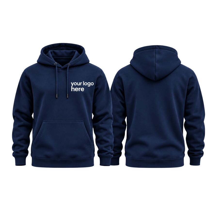 Navy hoodie, front and back